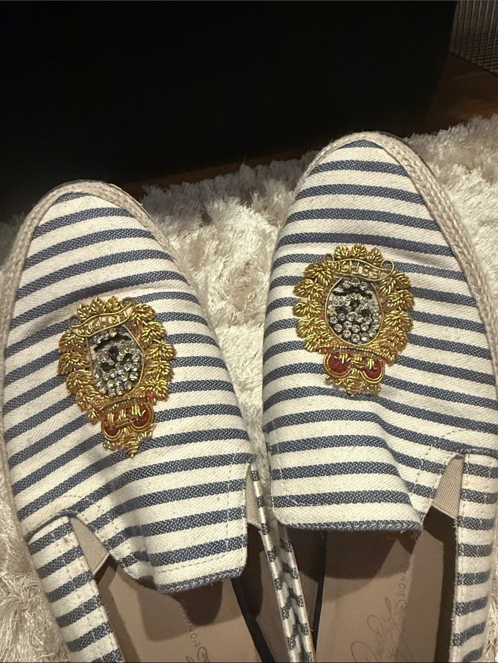 Donald J. Pliner Navy and White Striped Embellished Slip-On Loafers